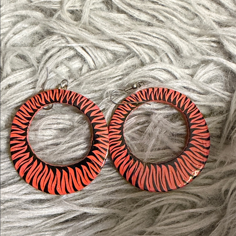 Stylish Burnt Orange and Black Wooden Hoop Earrings